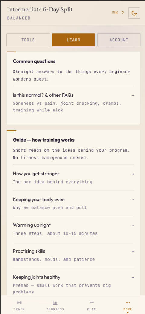 Leverage — learn section explaining training principles in plain language, light theme