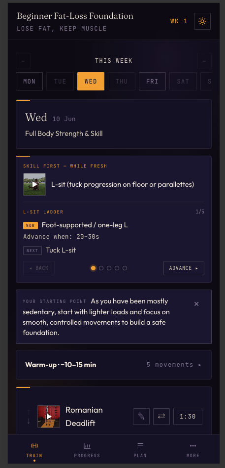 Leverage — today's session with an L-sit progression ladder and advancement gate